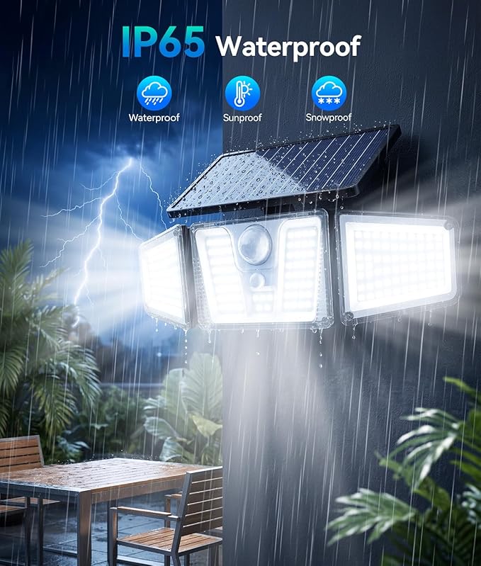 KOOPER 4 Pack Solar Flood Lights, 210 LED Motion Sensor Outdoor Lights, Solar Motion Lights Outdoor Waterproof, 3 Heads 300° Wide Angle Outdoor Security Lights for Yard Patio Garage Entryways, Black