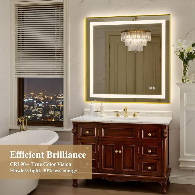 36X36 Inch LED Bathroom Mirror with Lights, Gold Frame Frontlit+ Backlit Bathroom Vanity Mirror for Wall, Ultra-Clear Tempered Glass, Shatter-Proof, Anti-Fog and Memory Function, ETL Listed