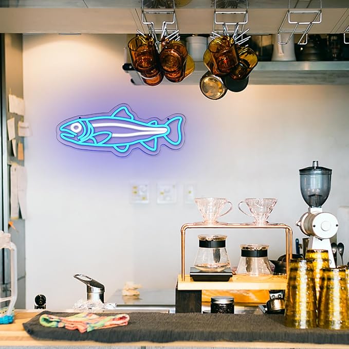 Fish Neon Sign for Wall Decor Fish Decor Salmon Neon Signs Fishing Neon Light Sign Blue Fish Neon Light Up Signs For Bedroom Bar Office Room Kitchen Decoration