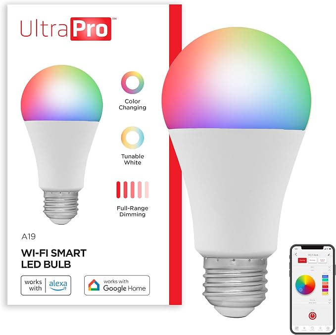 UltraPro Wi-Fi LED Smart Light Bulb, A19, 60W Equivalent, RGB, Color Changing, White Select Tunable 2700K - 6500K, Dimmable, 2.4GHz Router Required, Circadian Rhythm, Easy-to-Use App, 51444