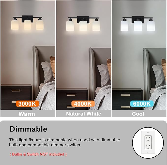 3-Light Bathroom Vanity Light Fixtures, Black Modern Vanity Light Over Mirror, Modern Wall Light with Milky White Frosted Glass Shade for Bathroom Bedroom Living Room Kitchen Hallway