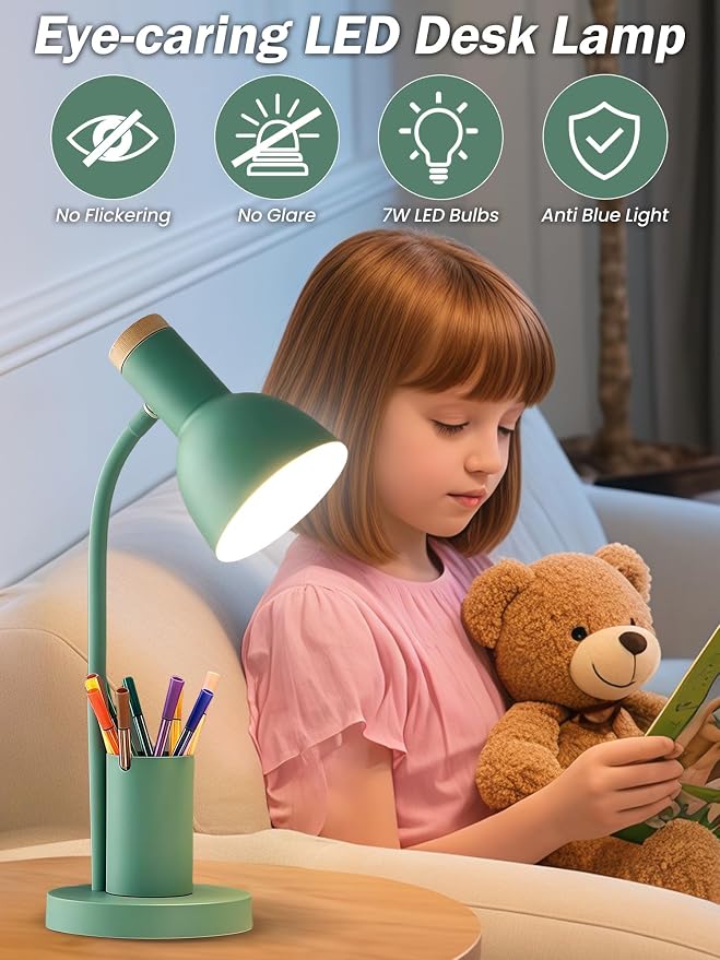 LED Desk Lamp for Home Office, Table Lamp with Pen Holder, 3 Color Modes Reading Light, Eye-Caring Desk Light with Gooseneck, Metal Study Lamp for Dorm Bedside Bedroom (Green Lamp)