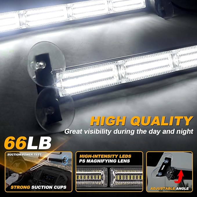 2X 17.7 Traffic Advisor Strobe Light Bar Emergency Lights Warning Flashing Safety Responder Front/Rear Window w/Directional for Volunteer Firefighter Vehicles Trucks, White