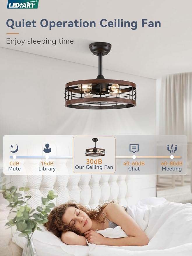LEDIARY 18 inch Caged Fandelier Ceiling Fan Light with Remote, Walnut | 6 Speed Adjustable,Timing, Quiet & Powerful DC, Small, Farmhouse, Industrial, Enclosed, Bladeless, Bedroom, Kitchen, Downrod