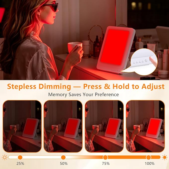 Light Therapy Lamp with Mirror, 10000 Lux UV-Free, 3 Color Modes (Cool/Red/Pink) with Stepless Dimming & Timer, for Home Office Relaxation and Skincare Support