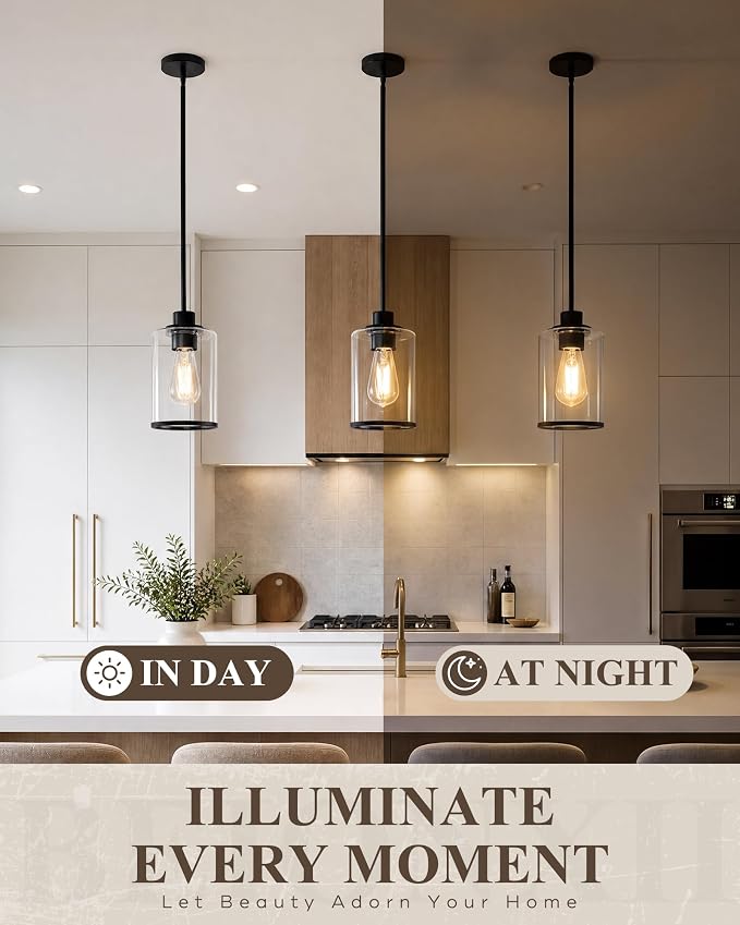 Beionxii Single Pendant Lights Kitchen Island, Clear Glass Pendant Lights | Black Finish with Rods, E26 Base, UL Listied, Adjustable Hanging Height for Living Dining Rooms Bedrooms Foyers, BX-PL02MB+R
