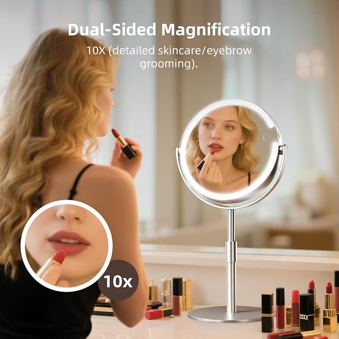 FRANO Makeup Mirror with Lights, Lightweight 8" Double-Sided Magnifying Vanity Mirror 1X/10X, Rechargeable, Adjustable Brightness with 3 Colors, Gift for Mom,Women, Wife, Girls, Dorm Room Essential