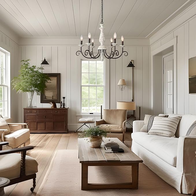 French Country Chandelier,6 Lights Farmhouse Chandelier Dining Room Distressed White Wood Chandeliers with Black Metal Arm,Rustic Candle Ceiling Chandelier for Living Room Bedroom
