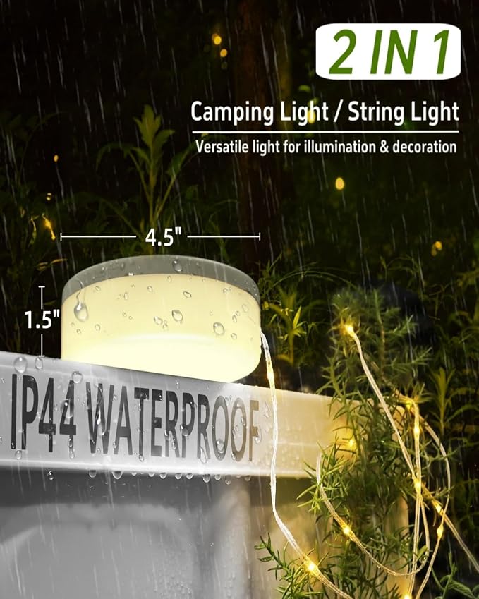 Solar Camping String Lights, 32.8 FT Fairy String Light, 4 in 1 Portable Waterproof Camp LED Lamp with 8 Lighting Modes, Hanging Rechargeable Tent Lantern for Outdoor Garden Patio Party Essentials