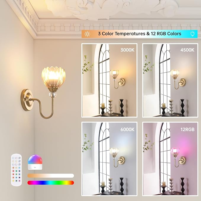 Set of 2 Vintage Battery Operated Wall Sconce, Rechargeable Wall Lamp with 5000mAh Battery & Remote Control, Dimmable Wall Lights with tulip shade for Bedroom Bathroom Living Room, (Tulip Amber Up)