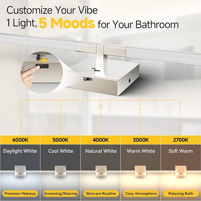 32 Inch Brushed Nickel Bathroom Vanity Light, Built-in Dimmer 2700K-6000K 1450LM LED, 360° Rotatable Bathroom Lights Over Mirror for Makeup, Shaving, Restroom, Powder Room ETL FCC