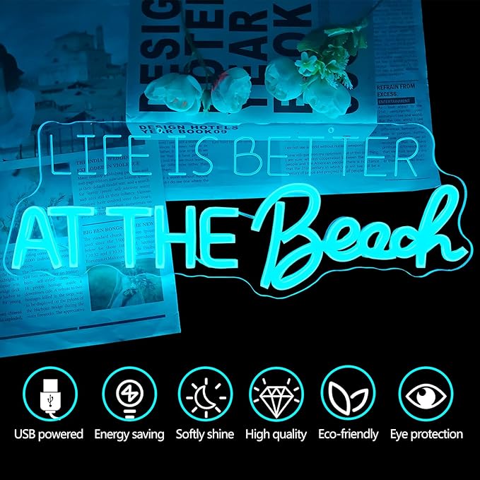 Life Is Better At The Beach Neon Sign for Coastal Wall Decor Beach Decor Led Sign Dimmable Neon Light Up Sign for Home Bathroom Coastal Wall Art Boho Surfer Theme Party Living Room