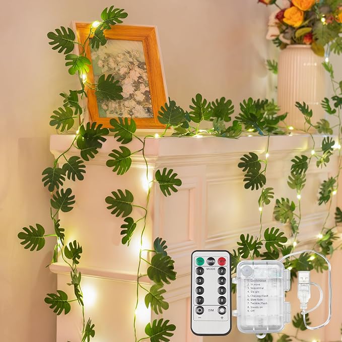 33FT Monstera Vines with Lights Battery & USB Powered Copper Wire | 100Led Leaves String Lights with Remote,Artificial Plants for Indoor, Bedroom,Wall,Party Tropical,Dorm Decor(Warm White)