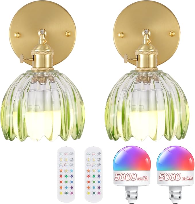 Shenmoyl Vintage 5000 mAh Battery Operated Wall Sconce with Green Clear Tulip Gradient Glass Lampshade Rechargeable Battery Powered Wall Light with Remote Control for Bedroom, Set of 2
