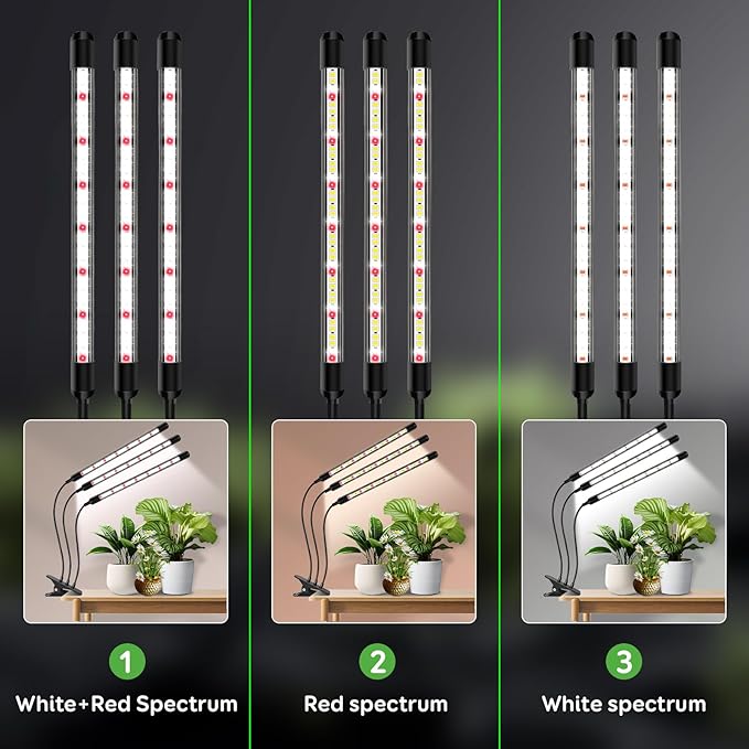 Tri-Head Clip Grow Light for Indoor Plants, Full Spectrum with 6/12/18H Timer, 5 Dimmable Levels, 3 Spectrum Modes & 360° Gooseneck for Seedlings, Houseplants, Succulents