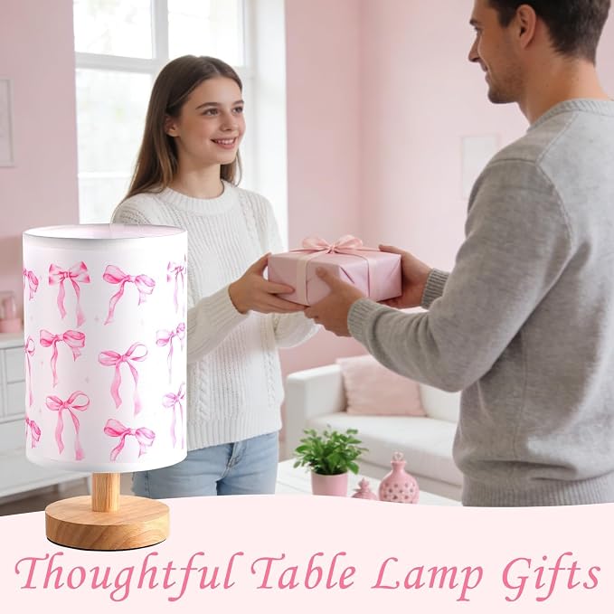 Lonfliness Pink Bow Kids Table Lamp Kids Bedside Lamp Bedroom LED Night Light with Linen Wooden Nightstand Cartoon Nursery Lampshade for Girls Boys Living Room