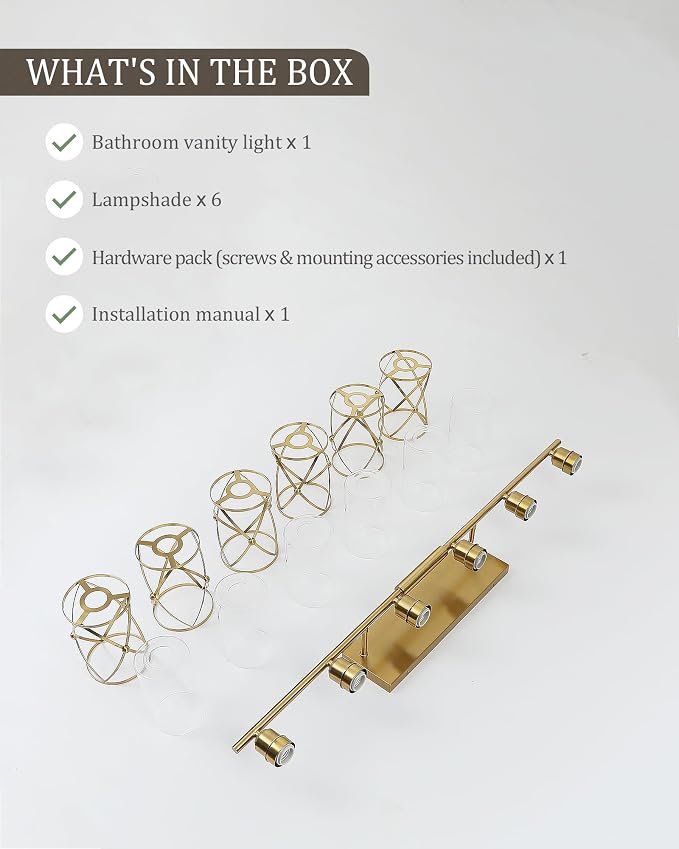 6-Light Brushed Gold Bathroom Light Fixtures Over Mirror, 42" UL-Listed Modern Wall Sconce Lights with Clear Glass and Metal Cage for Bath, Hardwire E26, CH9176BG-6W