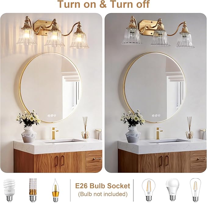 Gold Vintage Bathroom Light Fixtures, 3-Lights Bathroom Vanity Light, Antique Brushed Gold Lighting Fixtures Over Mirror with Crystal Glass Shade, Wall Sconce Lighting