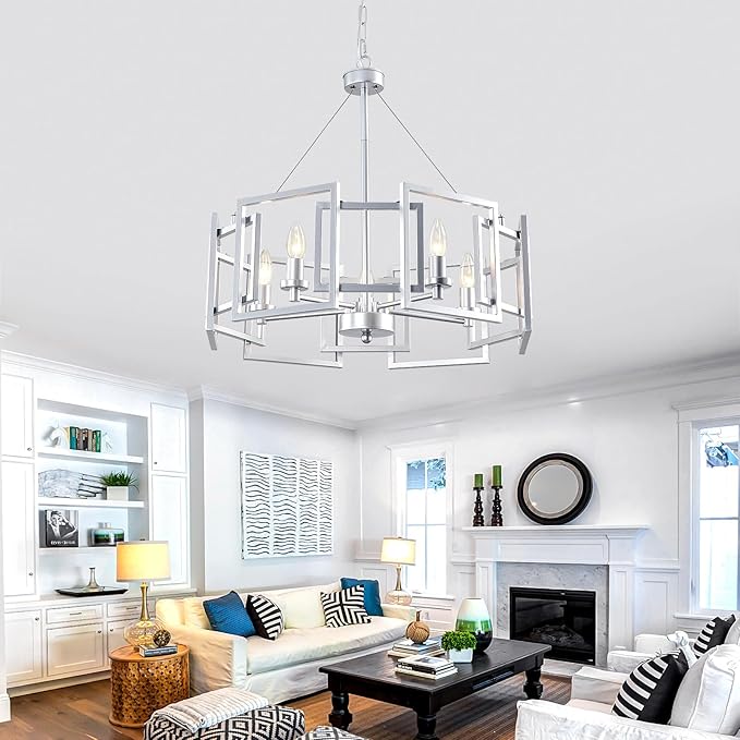 ZGLAOJT Modern Chandelier Chrome Geometric Pendant Lighting Fixture 5-Light Metal Farmhouse Chandelier for Dining Room Living Room entryway Kitchen Bedroom Island