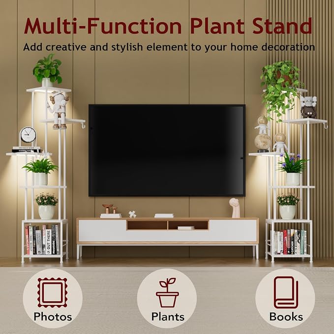 Plant Stand Indoor with Grow Light - 6-Tier Metal Plant Shelf with Hanging Basket Hook, Corner Tall Flower Holder for Multiple Plants, Living Room Balcony Garden Patio, White