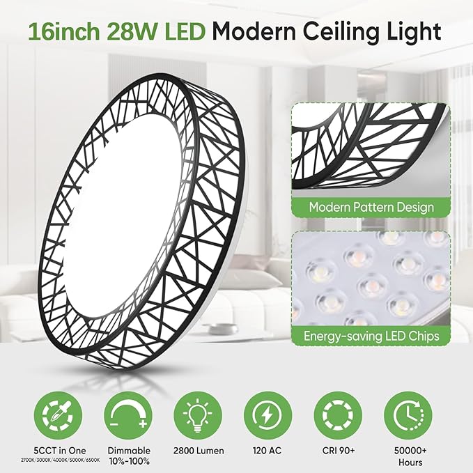 16 Inch Flush Mount Ceiling Light, Modern Black LED Ceiling Light Fixture, 28W 2800LM 2700-6500K Adjustable, Dimmable Ceiling Lights for Bedroom, Kitchen, Hallway, Bathroom, ETL Listed