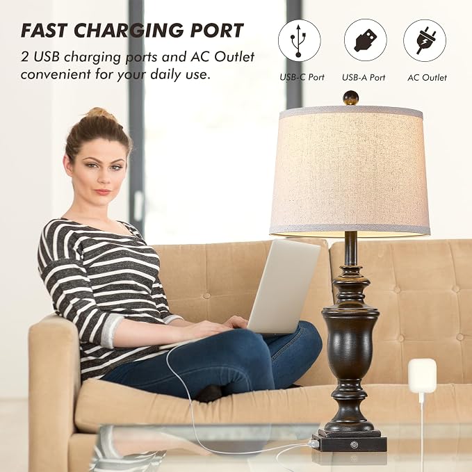 SAIWEYA 27.5" Set of 2 Farmhouse Table Lamps for Bedroom with AC Outlet | USB A+C Ports, 3 Way Dimmable Touch Control , Nightstand Lamps for Bedside, LED Bulb Included
