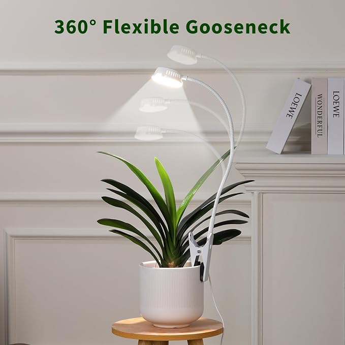 LORDEM Grow Lights for Indoor Plants, Clip-on Gooseneck Plant Lights for Indoor Growing，Full Spectrum LED Plant Light with 5 Dimming Levels,Auto On/Off Timer (6/8/12/16 Hrs),White,1 Pack