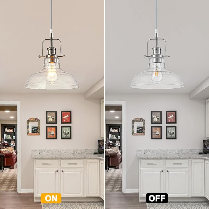 WILON Seeded Glass Modern Pendant Light for Kitchen, Brushed Nickel | 11'' Seeded Glass Shade, Adjustable Height, E26 Ceramic Socket, 60W MAX, Modern Style for Dining Room Kitchen Over Sink