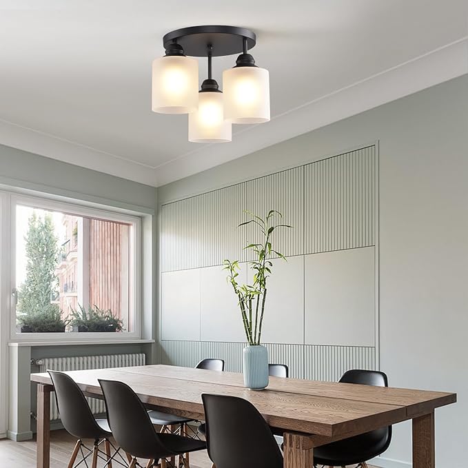 Semi Flush Mount Ceiling Light with Clear Glass Shades,3-Lights Industrial Semi Flush Mount Ceiling Light, 3-Light Industrial Black Light Fixtures Ceiling Mount for Kitchen Living Room Foyer