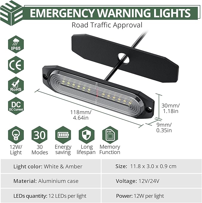EYPINS LED Surface Mount Strobe Lights Kit,White Amber Flashing Car Truck Strobe Light,8pcs Surface Mount Emergency Warning Flashing Strobe Lights,30 Strobe Mode,Memory Function,12V,24V,Waterproof