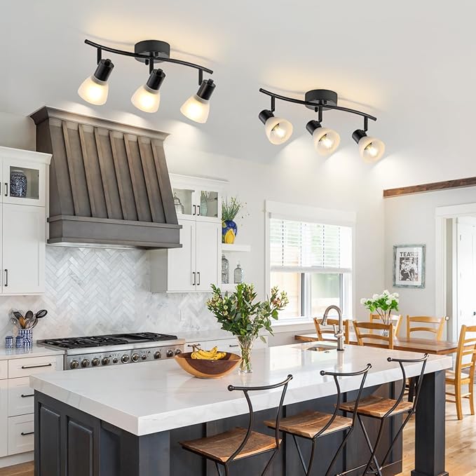 KEESFU 3 Light Track Lighting Fixtures Ceiling,Adjustable Directional Ceiling Lights with Glass Shade,Industrial Ceiling Spotlight for Kitchen Over Sink Bedroom Hallway Living Room,E12base.