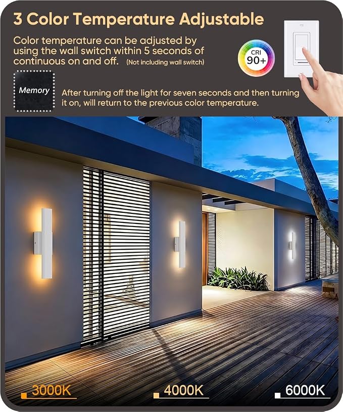 Aipsun 2 Packs Outdoor Wall Sconce, 3000K 4000K 6000K, 15.75in Modern White Exterior Light, Long LED Linear Wall Light Outside Lighting for Entrance, Hallway, Garage, Porch(3CCT)