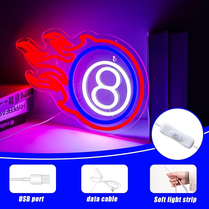 Billiard Neon Sign 8 Ball Sign Dimmable LED Pool Room Wall Decor | USB Powered LED Flame Pool Sign for Game Room Bar Man Cave Club Basement Party Pool Player Decor Billiard Lover Lounge Decor