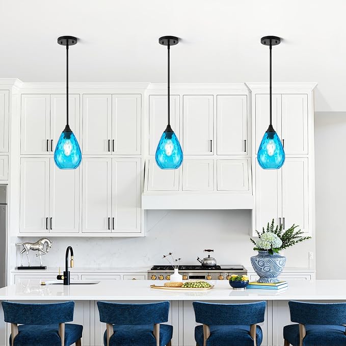 Glass Pendant Lights Kitchen Island, 1-Light Modern Black Pendant Light Fixtures with Blue Hammered Glass and Rods, Small Hanging Light for Kitchen Sink Dining Room Bathroom