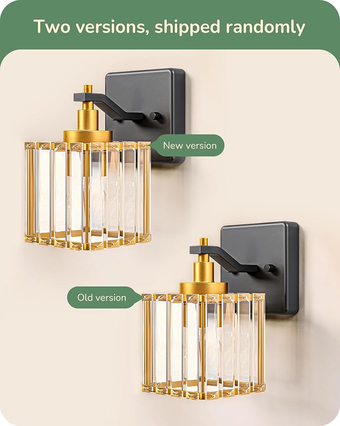 EDISHINE Black Gold Bathroom Vanity Light Fixtures with Crystal Shade, E26 | Set of Two, 1-Light, Up Down Mounting, Wall Sconces for Bathroom, Powder Room, Dressing Areas