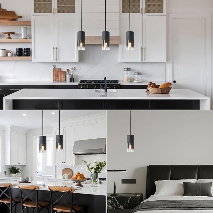 Pendant Light Fixtures, Adjustable Modern Pendant Lights for Kitchen Island, Industrial Glass Pendant Lights for Dining Table Hallway Bedroom Living Room Black 2 Packs
