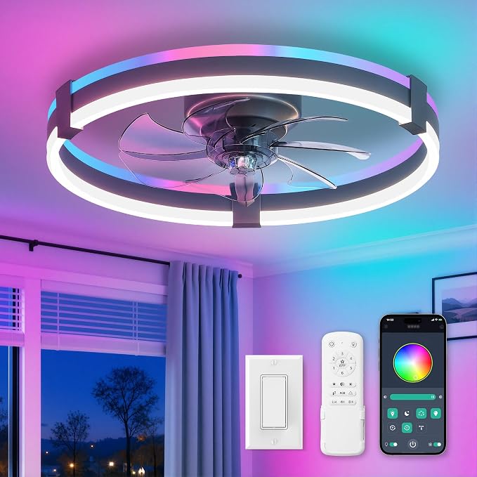 ZMISHIBO 20" RGB Low Profile Ceiling Fans with Lights and Remote, Grey | Custom RGB+3CCT Dimmable, 6 Speeds, Remote/App Control, Reversible DC Motor, Memory, Timer, Modern Fandelier for Kids/Bedroom