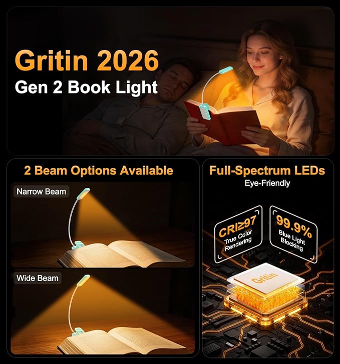 Gritin 2026 Gen 2 Book Light for Reading- 30 Eye Caring Full Spectrum LED | 5 Colors & 5 Brightness, Adjustable Wide/Narrow Beam, Upgrade 1500mAh Long-Lasting Rechargeable Clip on Light-Blue