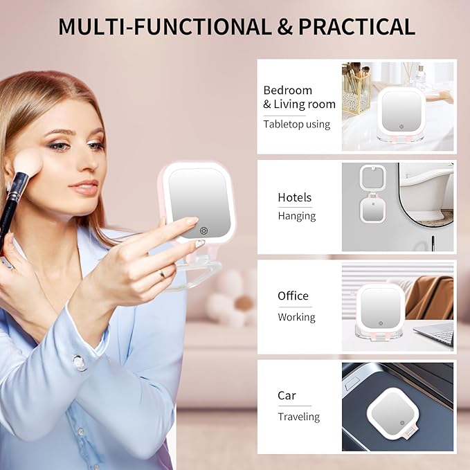 FUNTOUCH Travel Makeup Mirror with Light, 1X/30X Magnifying with 3 Light Settings & Adjustable Brightness,Rechargeable Folding Compact Double Sides Mirror for Home and Travel, Soft Pink