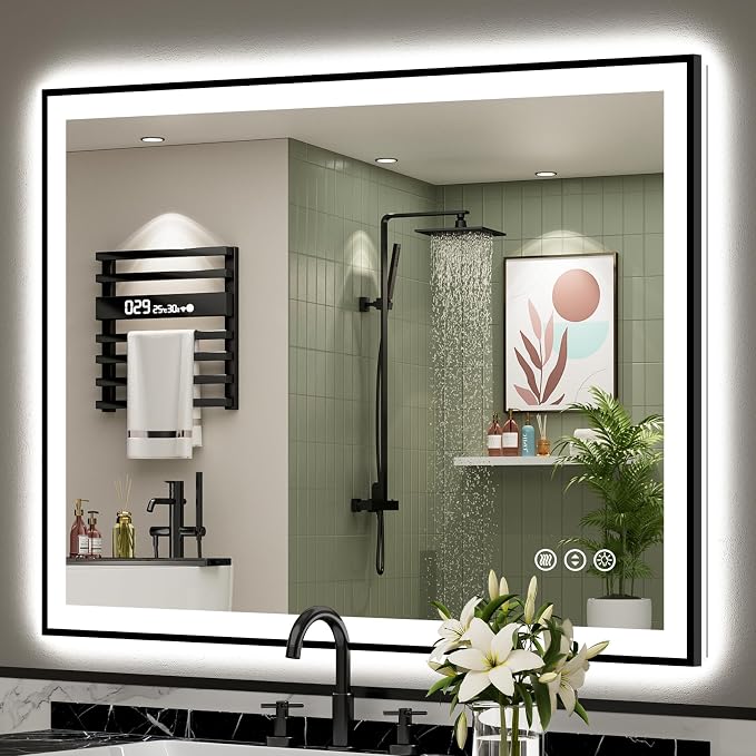 44x36 Black LED Bathroom Mirror, Backlit & Front Lit Lighted Mirror | Metal Framed Anti-Fog Vanity Mirror with Lights, 3 Color Dimmable, Memory, Tempered Glass, CRI95, IP54, Horizontal/Vertical