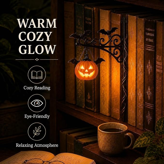 Library Lantern Bookshelf Lamp, Pumpkin Bookshelf Lantern with Warm LED Nightlight, Mini Nook Light for Bookshelf, Decorative Table Desk Luminaire, Halloween Bookshelf Decor for Book Lovers