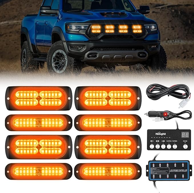 Nilight 8PCS Led Strobe Lights with Controller 12V 24V Sync Feature Amber Light 12 24 LED Surface Mount Emergency Hazard Warning for Vehicle Car Truck RV ATV