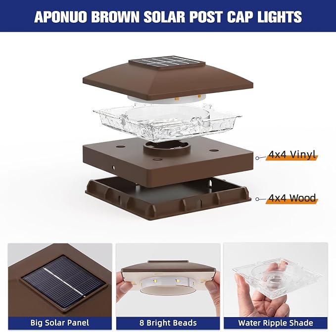 APONUO Solar Post Cap Lights for 4x4 Posts - IP64 Waterproof, Warm/Cool White, Wireless Fence Lights & Deck Lights for Patios, Gardens, and Yards, Brown,12 Pack