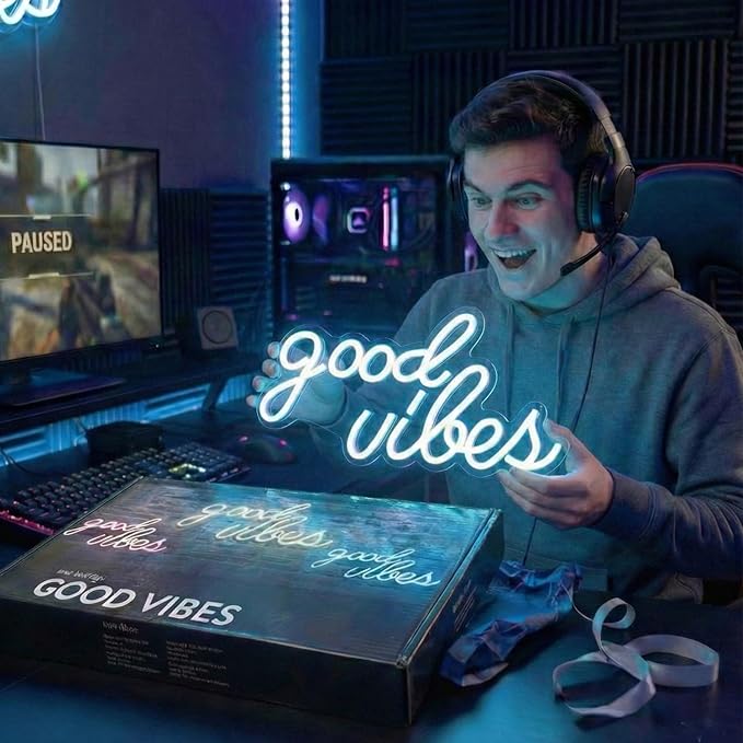 DECANIT Good Vibes Neon Sign Ice Blue, Cool LED Light for Wall Decor, Game Room, Man Cave, Bar, Streamer Setup, USB Powered Gamer Gift, 16.1x8.3 Inch