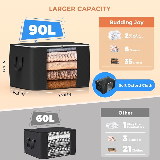 90L Large Storage Bags, 6 Pack Clothes Storage Bins Closet Organizers | Foldable Storage Containers, with Reinforced Handle, for Clothing, Blanket, Comforters, Bed Sheets, Pillows and Toys
