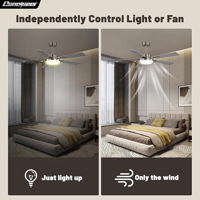 52 Inch Ceiling Fans with Lights and Remote, Bedroom Living Room Kitchen Office, 5CCT Dimmable,Dual Color 5 Blades, 6 Speed Reversible Quiet DC Motor, Double-Layer Lampshade, Sand-nickel/Wood Grain