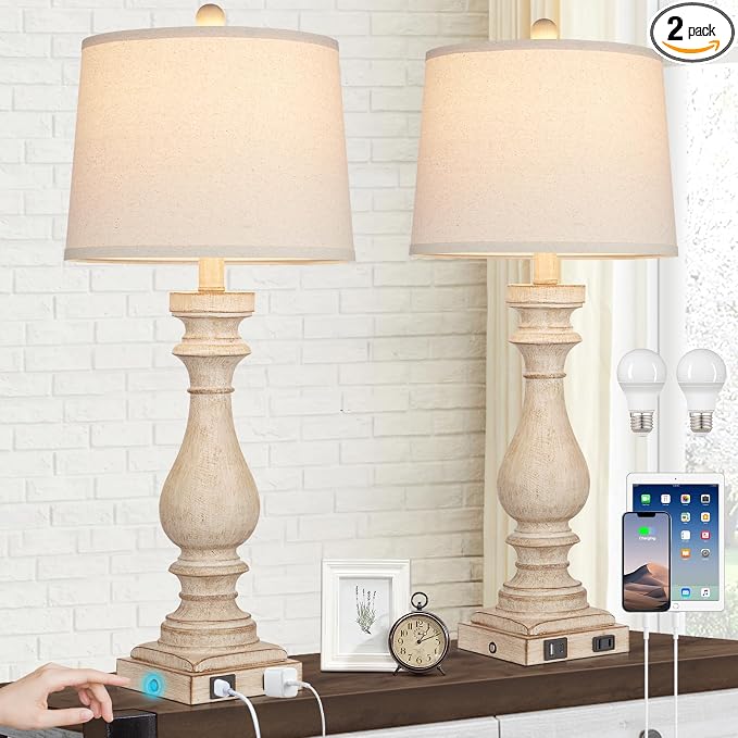 29" Tall Table Lamp for Living Room Set of 2,Farmhouse Nightstand Bedside Lamps with USB C+A Ports & AC Outlet,3-Way Dimmable Touch Control Desk Lamp for Bedroom,Color 1