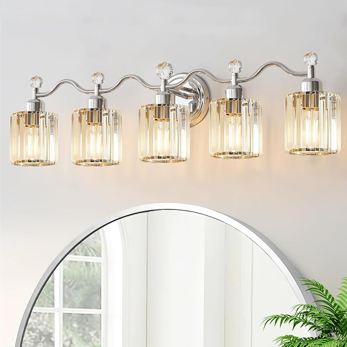 Bathroom Vanity Light Fixtures 5-Lights,Chrome Vanity Lights for Bath, Bathroom Lights Fixture with Clear Crystal Glass Shade, Modern Wall Light Over Mirror, Wall Sconces Light for Hallway