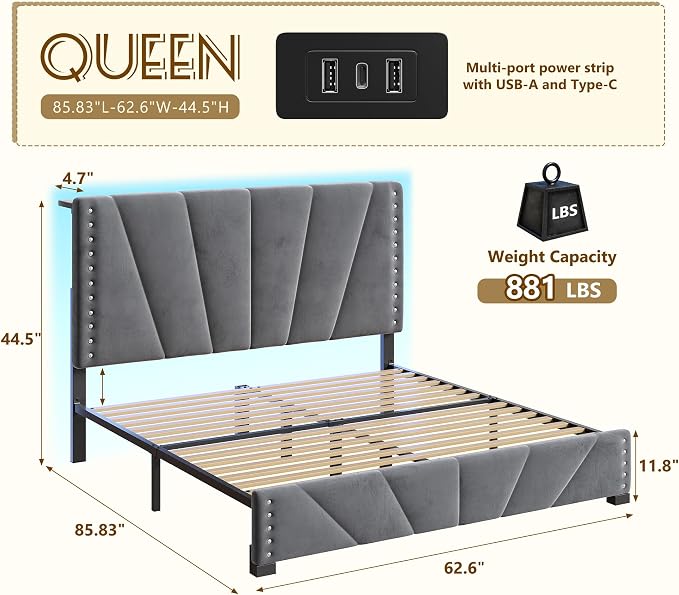 EnHomee Queen Bed Frame with LED Lights & USB, Noise-Free, Charcoal Grey | Adjustable Velvet Headboard，Under-Bed Storage，Heavy Duty Support with 12 Slats，No Box Spring Needed，Easy Assembly for Bedroom