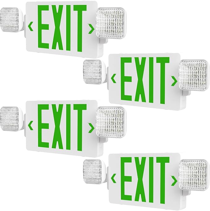 Amico 4 Pack Green Double-Sided Exit Sign with Emergency Lights, Two LED Adjustable Head with Battery Backup, ETL Certified, AC 120/277V, Commercial Emergency Lights Combo for Business